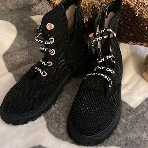 DKNY ava size 8 rhinestone crystal black studded combat moto boots